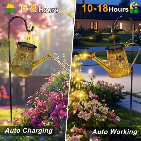 Solar Hummingbird Watering Can Lantern Lights For Outdoor Garden Decor with rain shower effect in garden setting