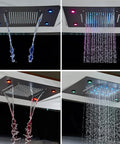 Top Shelf Led Shower System With Sixty Four Color Lighting Remote Digital Temperature Display Three Function Matte Black Rain Showerhead in action.