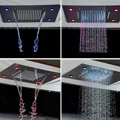Top Shelf Led Shower System With Sixty Four Color Lighting Remote Digital Temperature Display Three Function Matte Black Rain Showerhead in action.