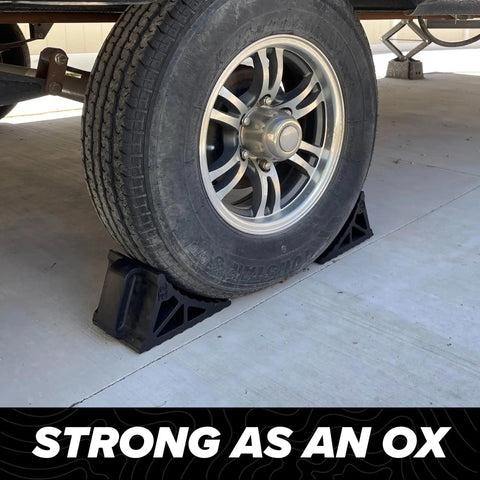 Heavy Duty Wheel Chocks With Handle 2 Pack For Campers Trailers And RVs Wide 6 Inch Footprint Grooved To Prevent Tire Slips