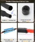 Double walled heat shrink tube with 3:1 shrinkage ratio, hot melt adhesive, and waterproof insulation for wire protection.