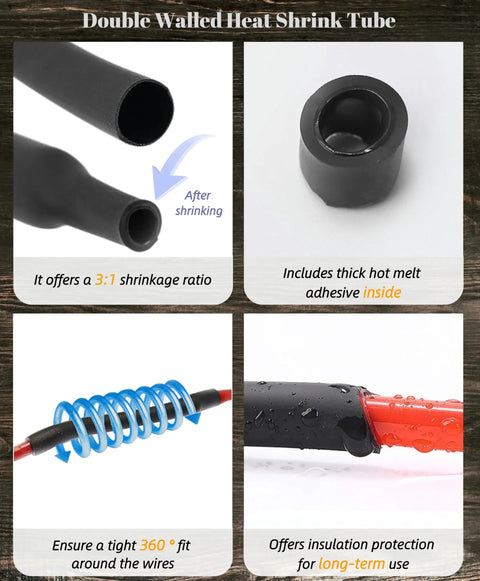 Double walled heat shrink tube with 3:1 shrinkage ratio, hot melt adhesive, and waterproof insulation for wire protection.