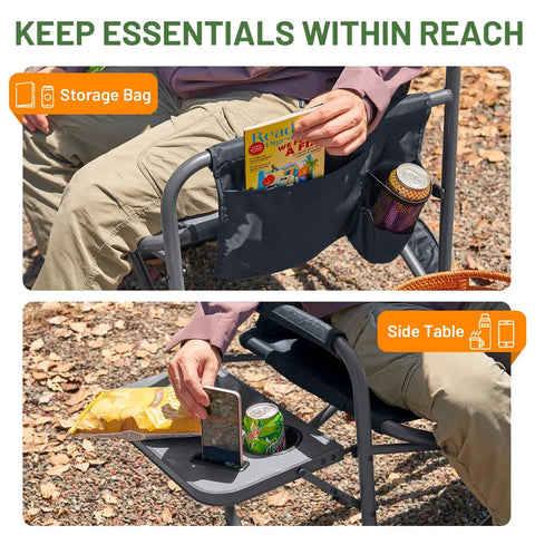 Beefy Heavy Duty XXL Director's Chair with extra wide 32 inch seat, showing storage bag and side table holding essentials.