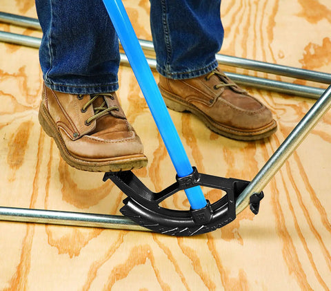 Heavy Duty Ductile Iron Conduit Bender With Handle For 1 In EMT And 3/4 In Rigid IMC Conduits in use on plywood floor