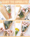 40 Pack Kraft Paper Flower Wrapping Bags And Sleeves For Bouquets, DIY process shown with flower arrangement steps and ribbon tie