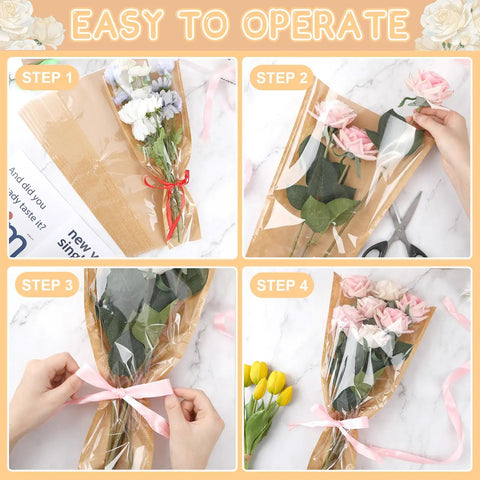 40 Pack Kraft Paper Flower Wrapping Bags And Sleeves For Bouquets, DIY process shown with flower arrangement steps and ribbon tie