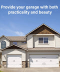 Two-car garage with white doors suitable for Magnetic Decorative Garage Door Hardware Kit For Two Cars, 12 Pieces, Faux Hinges And Handles, Black.