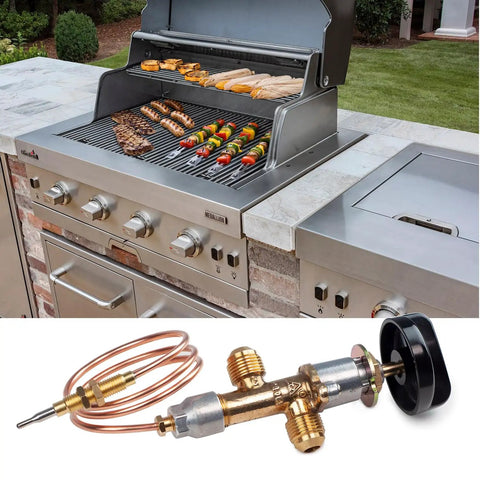 Gas Fire Pit Ignition Kit With Flame Failure Safety Valve Push Button Ignition No Fuss Brass Burner Control Valve Set For Fire Pit And Grill Replacement Parts Reliable Igniter System For Easy Start next to outdoor grill with food