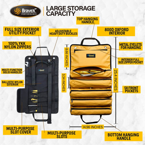 Heavy Duty Roll Up Tool Bag With Kevlar Stitches And YKK Zipper, 1200D Ballistic Nylon Tool Roll Organizer, large storage capacity layout