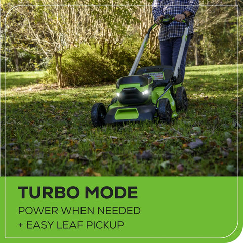 60V Brushless Self Propelled Cordless Lawn Mower with 21 Inch Deck being used on grass, showing LED lights and turbo mode