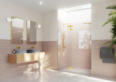 Frameless Shower Door Hinge With Enduroshield Glass Coating, 78 Inch By 58.5 Inch, Polished Brass Finish, Heavy Duty Glass Hardware For Modern Bathrooms, Easy Install, Stain Resistant, Keeps Glass Clear And Shiny on glass shower door