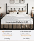 Queen Metal Platform Bed Frame Featuring Victorian Headboard And Footboard Extra Heavy Duty Steel Slats No Box Spring Needed Zero Squeak Sleep Rock Solid Black with recommended mattress height.