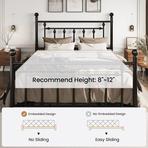 Queen Metal Platform Bed Frame Featuring Victorian Headboard And Footboard Extra Heavy Duty Steel Slats No Box Spring Needed Zero Squeak Sleep Rock Solid Black with recommended mattress height.