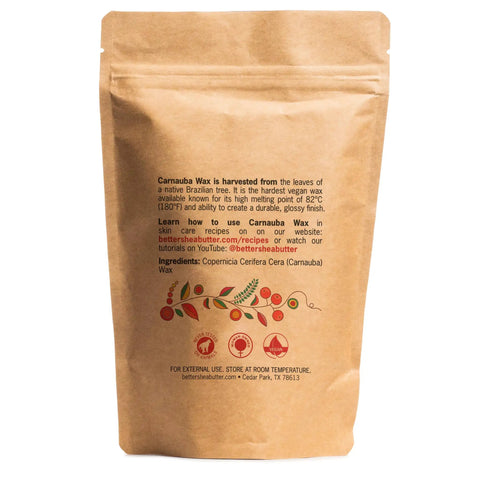 Straight Up Pure Carnauba Wax Flakes For Smooth Skin Care And Lip Balm Making Real Deal Vegan Candle Wax With Leather And Wood Finish Must Have DIY Staples Eight Ounce Bag packaging with detailed information.