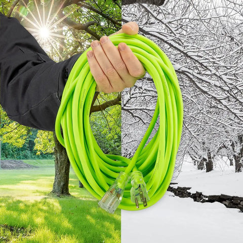 Heavy Duty Indoor Outdoor Extension Cord 50 Ft 14/3 AWG SJTW With Lighted Plug, shown in sunlight and snow