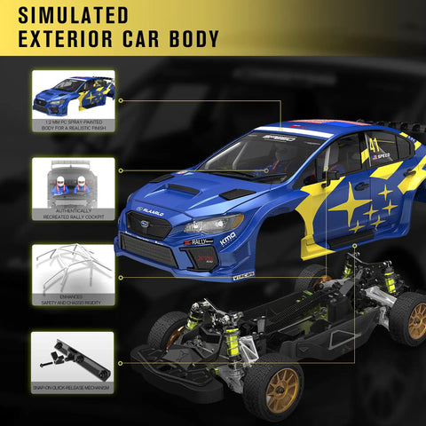 Beastly Brushless 1/10 RC Rally Car Ready To Run With 4WD Waterproof Electronics Carbon Fiber Chassis Hits Over 40 MPH For Beginners Ages 14 And Up Blue showing simulated exterior body and detailed parts.