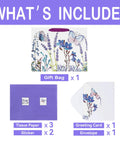 13 Inch Large Purple Gift Bag Set With Lavender Theme 3D Butterfly Accents Greeting Card And Tissue Paper Perfect For Birthday Mothers Day Weddings Valentines Day Or Any Special Occasion; showing gift bag, greeting card, tissue paper, and stickers.