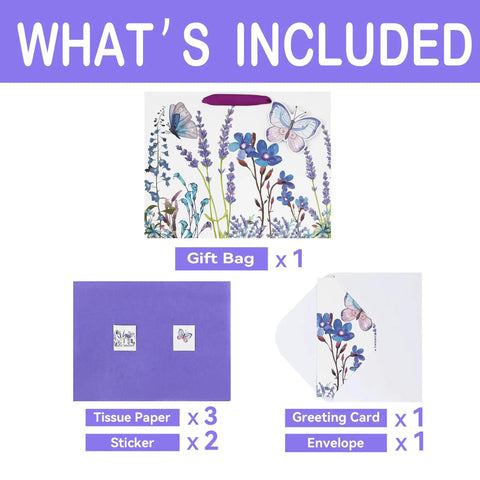 13 Inch Large Purple Gift Bag Set With Lavender Theme 3D Butterfly Accents Greeting Card And Tissue Paper Perfect For Birthday Mothers Day Weddings Valentines Day Or Any Special Occasion; showing gift bag, greeting card, tissue paper, and stickers.