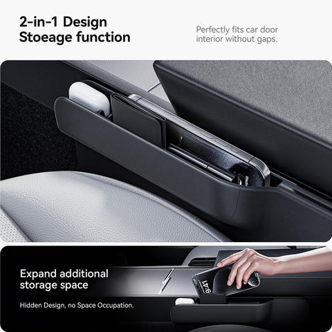 Close-up of the 2 In 1 Car Steering Wheel Desk Tray And Seat Gap Filler in use, holding a phone and bottle, showing storage function.