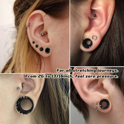 Silicone Ear Gauges 00G Double Flared Plugs Set worn on stretched earlobes; visible in various ear piercing stages.