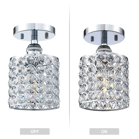 Three Pack One Light K9 Polygon Crystal Industrial Modern Farmhouse Semi Flush Mount Ceiling Light for Kitchen Island shown on and off