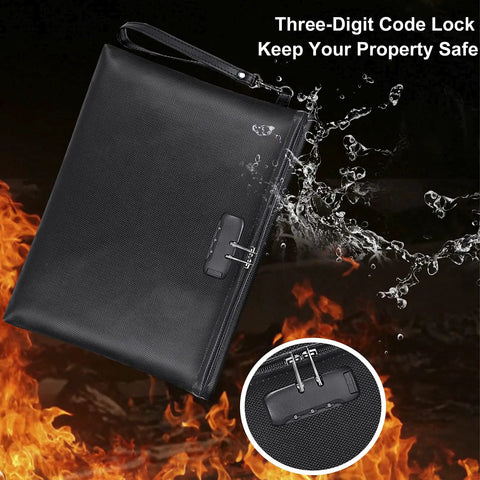 Fireproof And Waterproof Document Bag With Lock For A4 Papers, surrounded by water and fire, showcasing zippered lock detail.