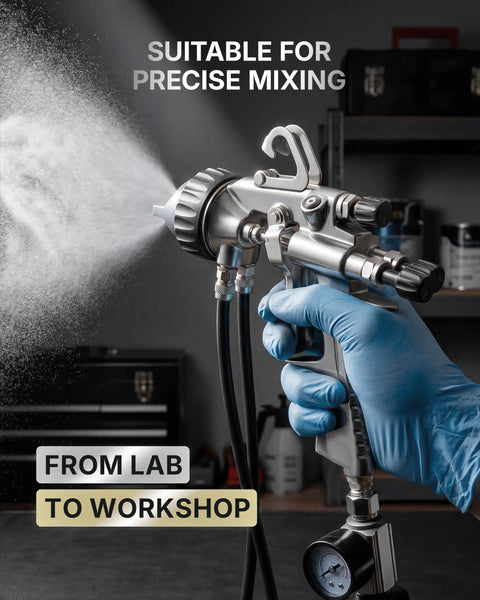 Straight Up Precision Two Component Hvlp Spray Gun One To One Mixing For Lab And Diy Work Compatible With Pressurized Paint Cans, featuring a stainless steel build and precise mixing functionality.