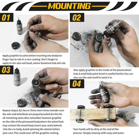 Manual showing steps for applying graphite lubricant from Derby Car Pinewood Weights Kit With 3 Oz Stick On Flexible Weights And Half Ounce Graphite Lubricant For Fast Smooth Wheels And Killer Speed Tuning Easy To Cut With Scissors For Custom Weight Distribution And Quick Setup