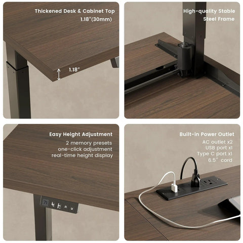 Extra Large Electric Standing Desk 114 Inch Wide With Two Spacious File Cabinets features thickened top and built-in power outlets.