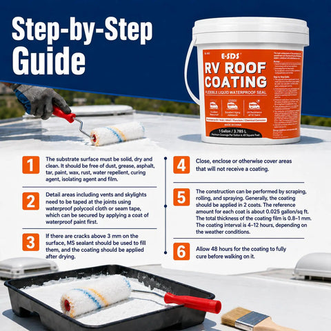 MS Polymer RV Roof Sealant 1 Gallon Coating White Waterproof Roof Sealant Leak Repair With Solar Reflective UV Protection For Campers Trailers Motorhomes And Metal Buildings Includes Brush Accessories application step-by-step guide with roller and brush shown on roof surface