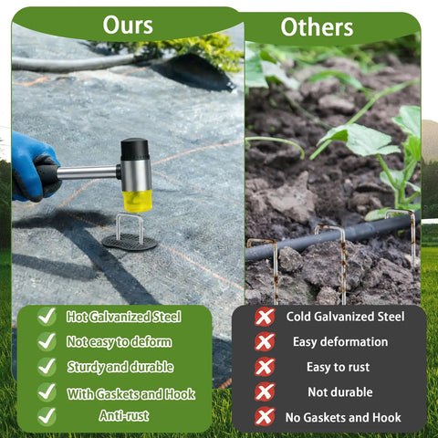 Comparison of 6 Inch Garden Stakes Kit With 100 Heavy Duty Staples, 100 Protective Gaskets, Pick Hook And Rubber Mallet to competitor.