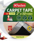 Double Sided Carpet Tape That Keeps Area Rugs In Place And Stays Put On Hardwood And Tile Floors Without Residue Or Damage 2 Inch Wide By 50 Yards Clear Adhesive Easy To Remove And Reusable For Quick Rug Refits, product roll packaging with clear adhesive and logo