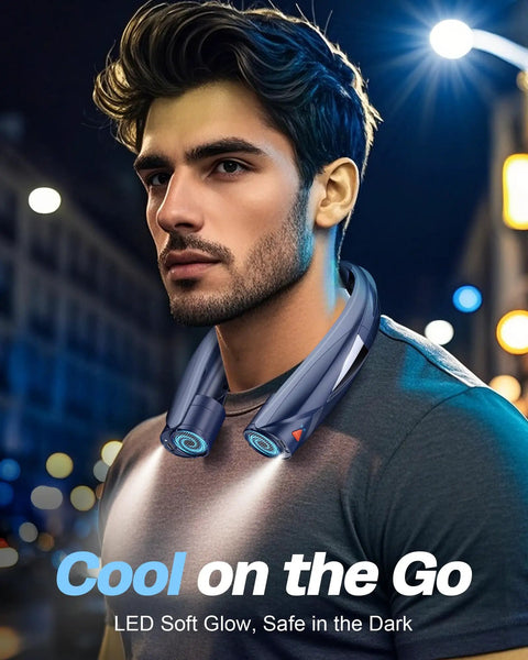 Man wearing Hands Free Neck Fan With LED Book Light, Portable Cooling For Outdoor And Indoor Use in urban night setting