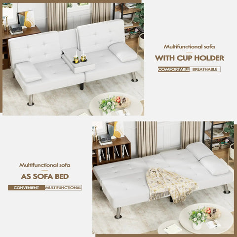Leather Look Futon Sofa Bed With Removable Armrests, Comfy Adjustable Recliner Sleeper, Dual Cup Holders And Chrome Legs displayed as couch and bed in living room setting