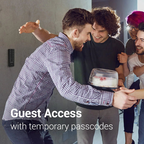 Friends using Wireless Bluetooth Fingerprint Keypad for Aegis Smart Door Lock Tap to Unlock Passcode Access in a home entryway