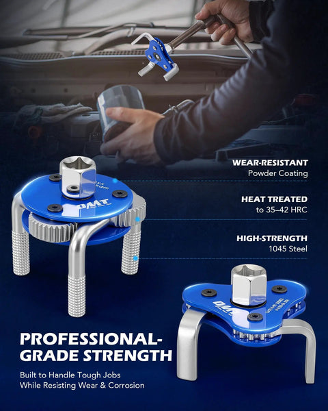 Two Piece Oil Filter Wrench Set With Adjustable Jaw For 2.5-4 Inch And 2.7-5.1 Inch Filters, showing durable construction and grip