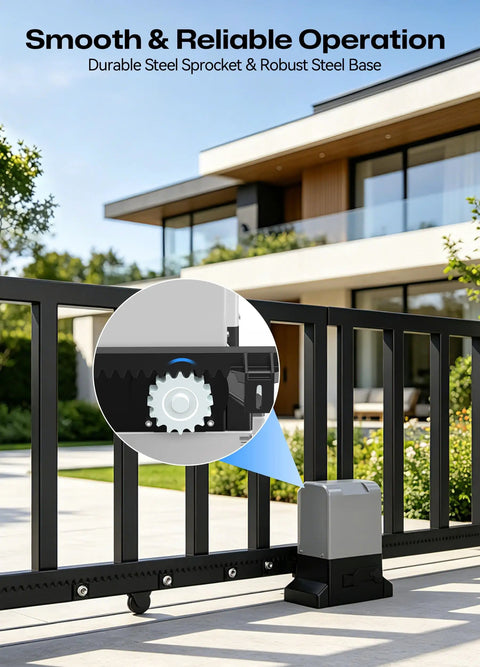 Smart Sliding Gate Opener With Wifi Bluetooth App Control For Up To 40 Ft And 1800 Lb Gates featuring durable steel sprocket and base.