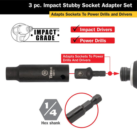 Three Piece Stubby Impact Socket Adapter And Extension Kit With One Quarter Inch Drive Three Eighths Inch Drive And One Half Inch Drive At A Compact Length One Point Six Inches Made From Impact Grade Chrome Vanadium With Black Phosphate Finish And Detent, shown in use with power drill.
