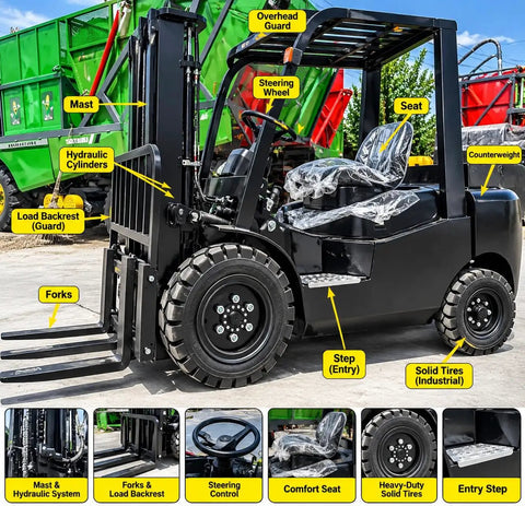 Heavy Duty Counterbalance Forklift Diesel Powered With 3ton Capacity Hydraulic Lift Mast System Built For Tough Warehouses And Industrial Jobs Features Rops Roof Guard Safety Cage And Load Backrest Protector For Peak Performance detailed view showing hydraulic mast, forks, seat, and solid tires.