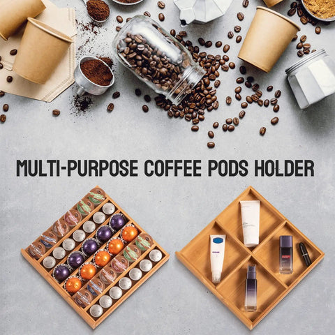 No-Fuss All-In-One Bamboo Drawer Organizer For Keurig K Cup Pods And Tea Bags With Adjustable Dividers displayed on table