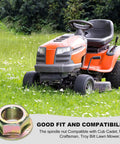 Heavy Duty Hex Flanged Spindle Blade Nuts Engineered For Slick Hella Smooth Operation On Cub Cadet Mtd Toro And Troy Bilt Zero Turn Mowers Providing Killer 5/8 Inch 18 Thread Fitment Two Pack with orange lawn mower in grass.
