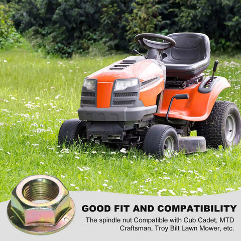 Heavy Duty Hex Flanged Spindle Blade Nuts Engineered For Slick Hella Smooth Operation On Cub Cadet Mtd Toro And Troy Bilt Zero Turn Mowers Providing Killer 5/8 Inch 18 Thread Fitment Two Pack with orange lawn mower in grass.