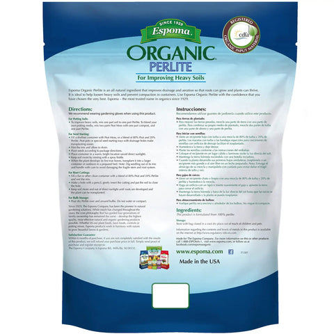 Back view of Espoma Organic Perlite package, showing text details of Organic Perlite For Gardening A Lightweight Soil Aerator That Prevents Compaction And Boosts Root Growth In Pots And Garden Beds No Fuss And Easy To Use Natural 100 Percent Perlite With Neutral PH Pack Of 1.