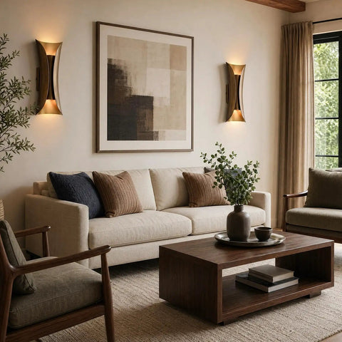 Mid Century 2 Light Brushed Brass Wall Sconce For Bathroom And Bedroom With Updated Canopy Dope Glam Art Deco Vibe Hardwired Wall Light In Sleek Metal Finish illuminating a living room with a cozy sofa and decor.