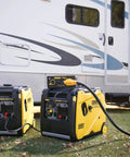 4500 Watt RV Ready Portable Inverter Generator With Crazy Quiet Technology And Long Run Time beside RV