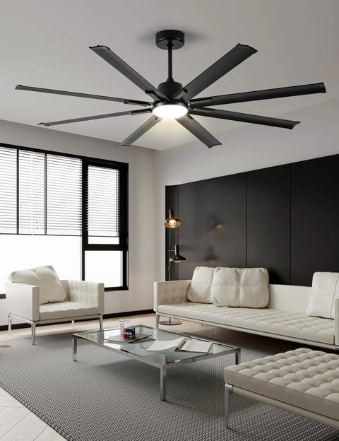 72 Inch Ceiling Fan With Light And DC Motor, Industrial Style Ceiling Fan With 8 Black Aluminum Blades in a modern living room