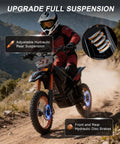 Teens Electric Dirt Bike 2000W Peak Power Off Road Monster with 48V 20Ah Lithium Battery, orange color, rugged suspension.