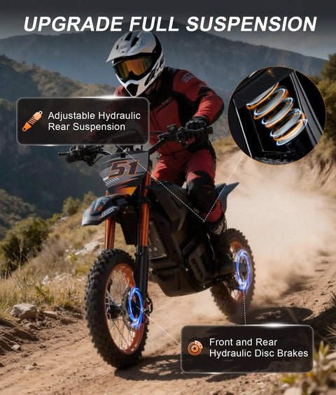 Teens Electric Dirt Bike 2000W Peak Power Off Road Monster with 48V 20Ah Lithium Battery, orange color, rugged suspension.