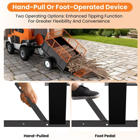 750 Lb Capacity Pull Behind Yard Cart With 17 Cubic Feet Bed Removable Mesh Sides Pneumatic Tires dumping wood planks
