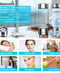 On The Go Portable Hydrogen Water Bottle Ionizer Rechargeable 420ml Generator For All Water Types shown with features chart
